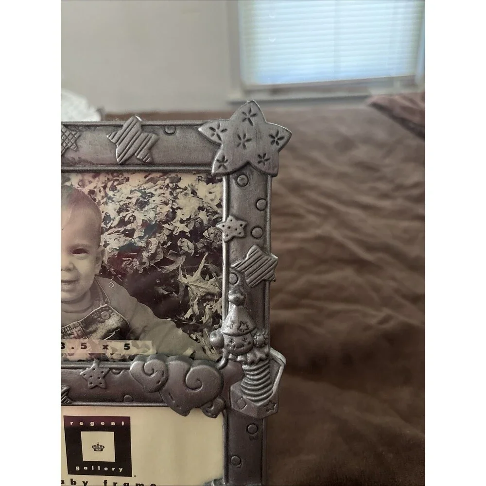 Vintage Regent Gallery Pewter Finish Double Baby Photo Frame 3.5x5 Teddy Bear